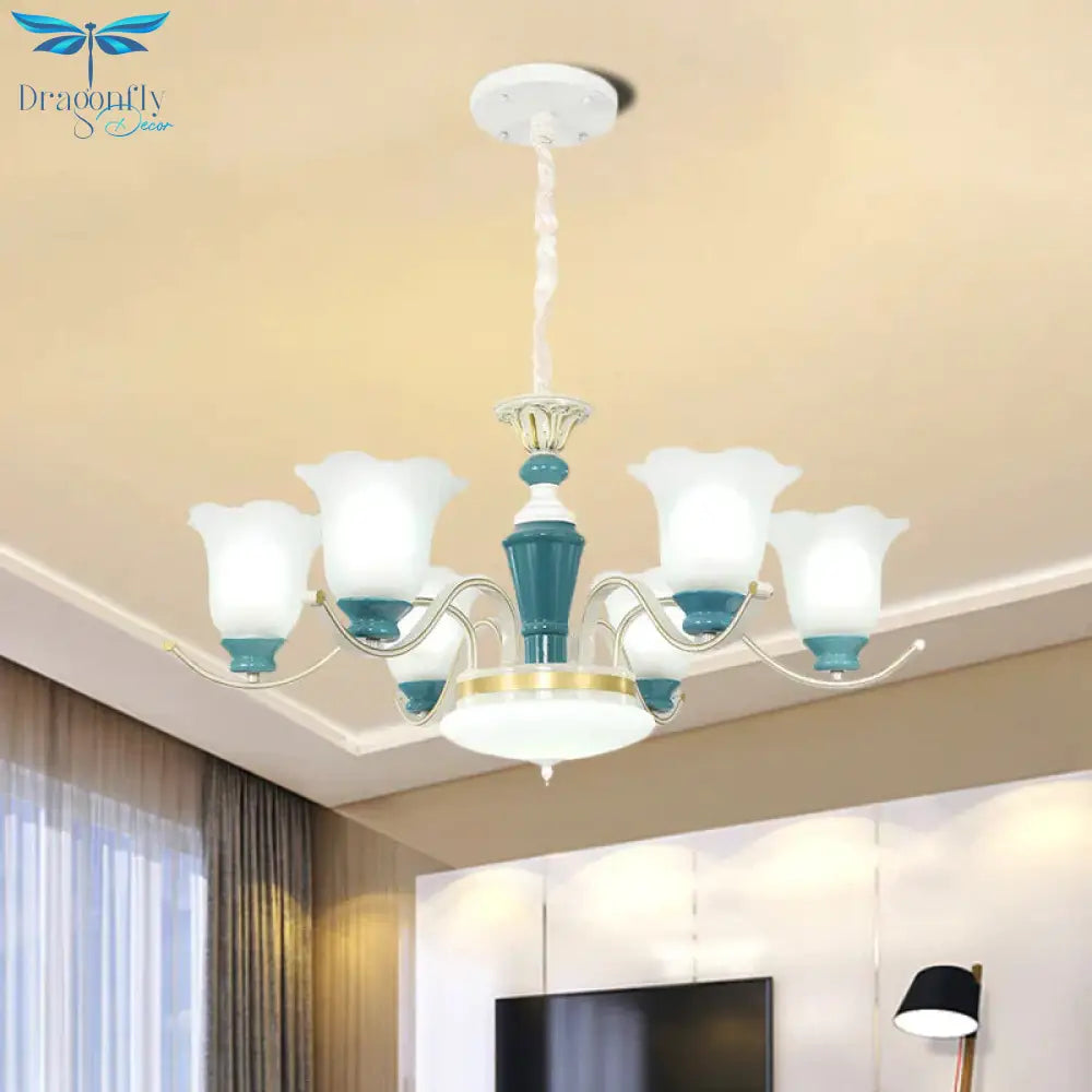 Green Flower Shade Ceiling Hang Fixture Countryside Style Cream Glass 3/6 - Light Bedroom Pendant
