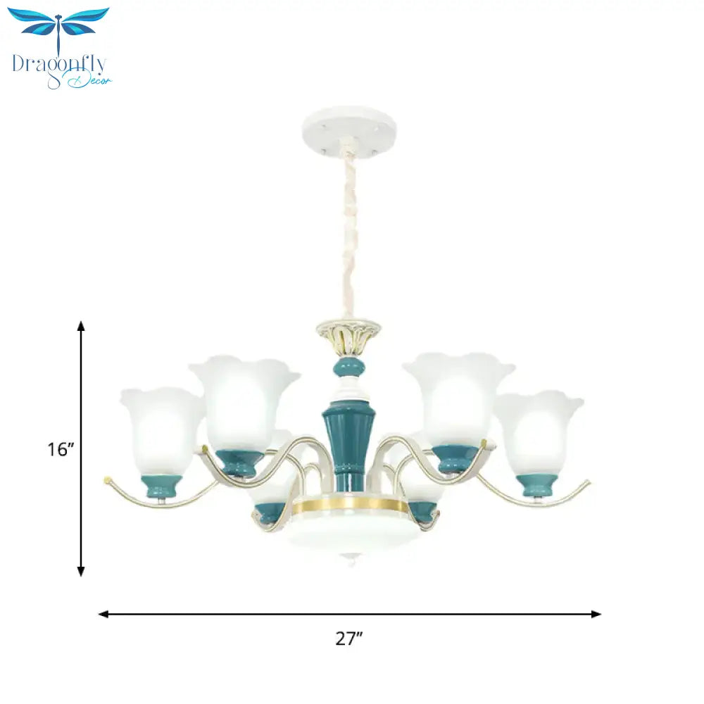 Green Flower Shade Ceiling Hang Fixture Countryside Style Cream Glass 3/6 - Light Bedroom Pendant