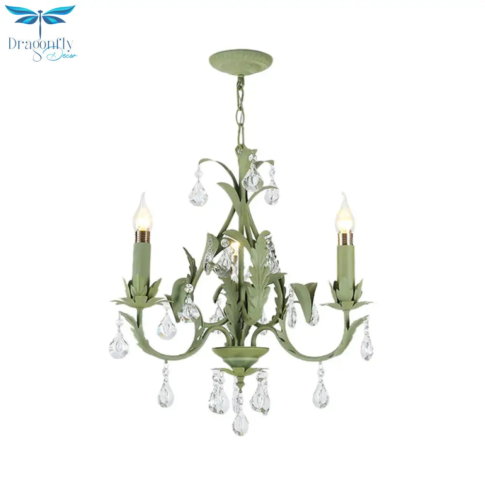 Green Foliage Design Candle Chandelier Countryside Iron 3 Lights Bedroom Ceiling Suspension Lamp
