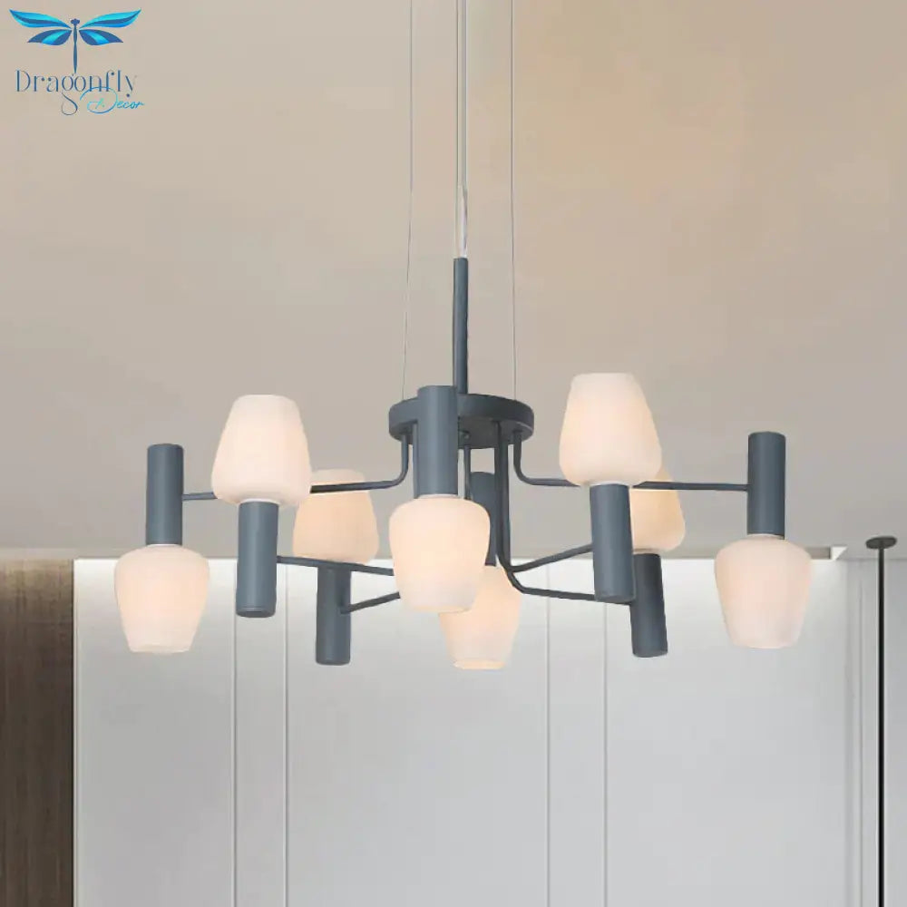 Grey/Pink/Yellow Conical Chandelier Lamp Modernist 8 Heads Frosted Glass Hanging Light For Living