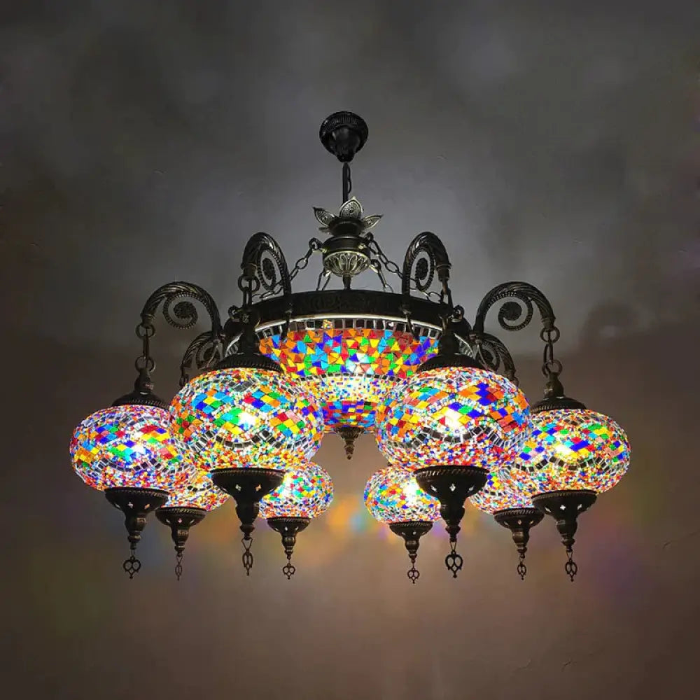 Hand Cut Glass Bronze Ceiling Lamp Oval 9 Heads Traditional Chandelier Light Fixture