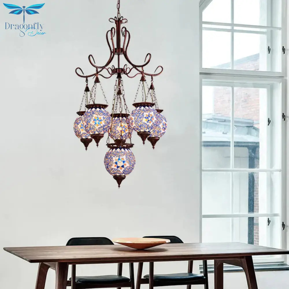 Hand Cut Glass Copper Chandelier Global 6 - Light Turkish Pendant Ceiling Light For Dining Room