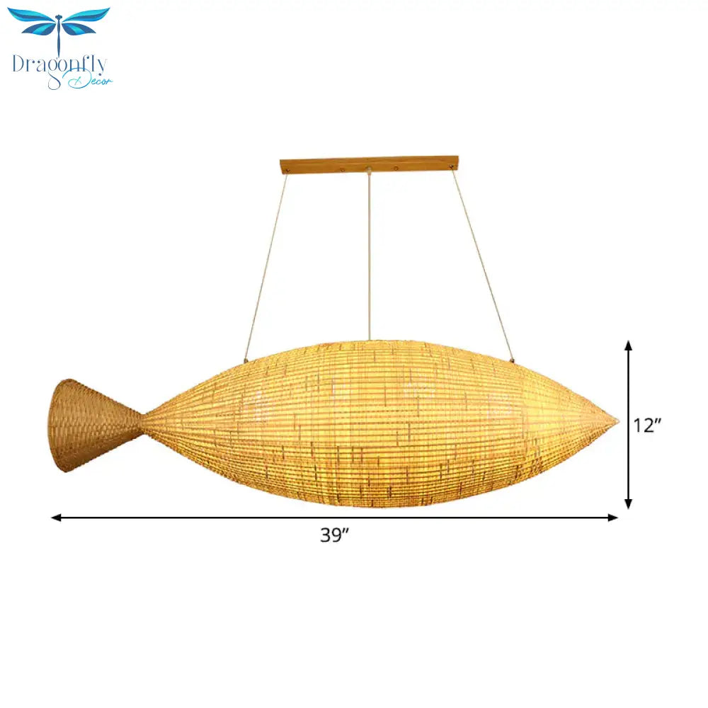 Hand Weaving Fish Bamboo Drop Lamp Chinese 2 Bulbs Beige Pendant Chandelier For Restaurant