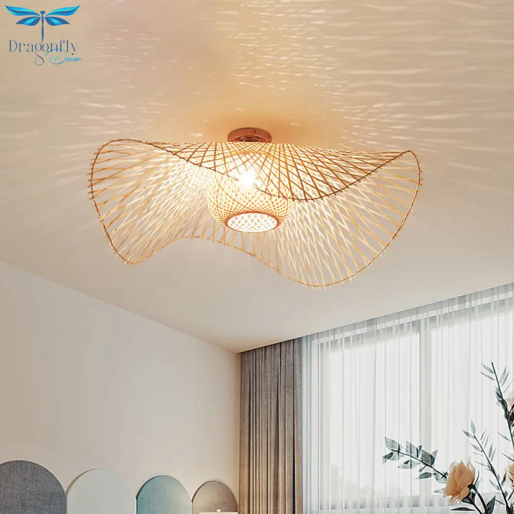 Hand - Worked Bamboo Semi - Flush Mount Light - Japanese Style 2 - Bulb Close To Ceiling Lighting