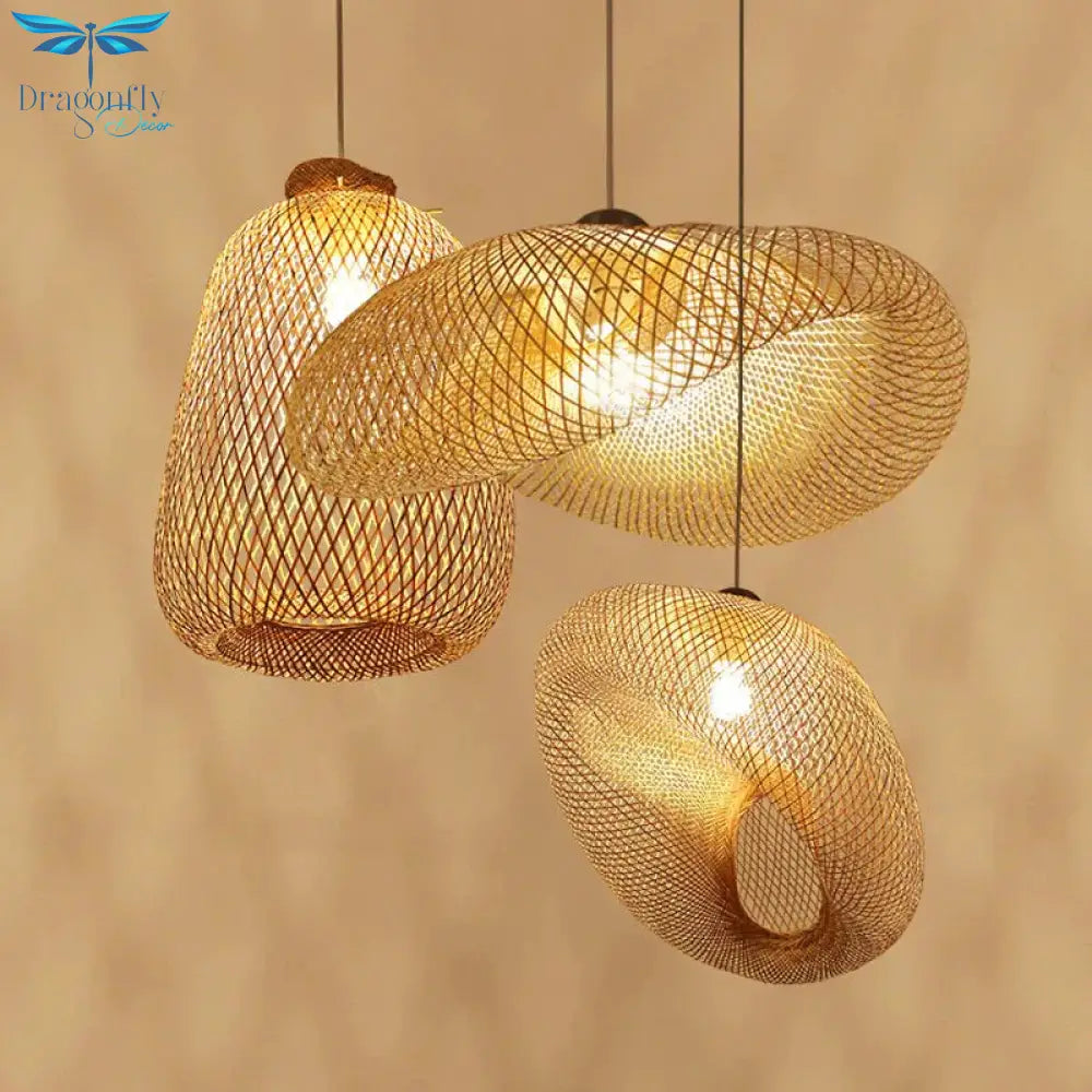 Handmade Bamboo Lamp Wicker Rattan Wave Shade Pendant Light Vintage Japanese Suspension Home Indoor