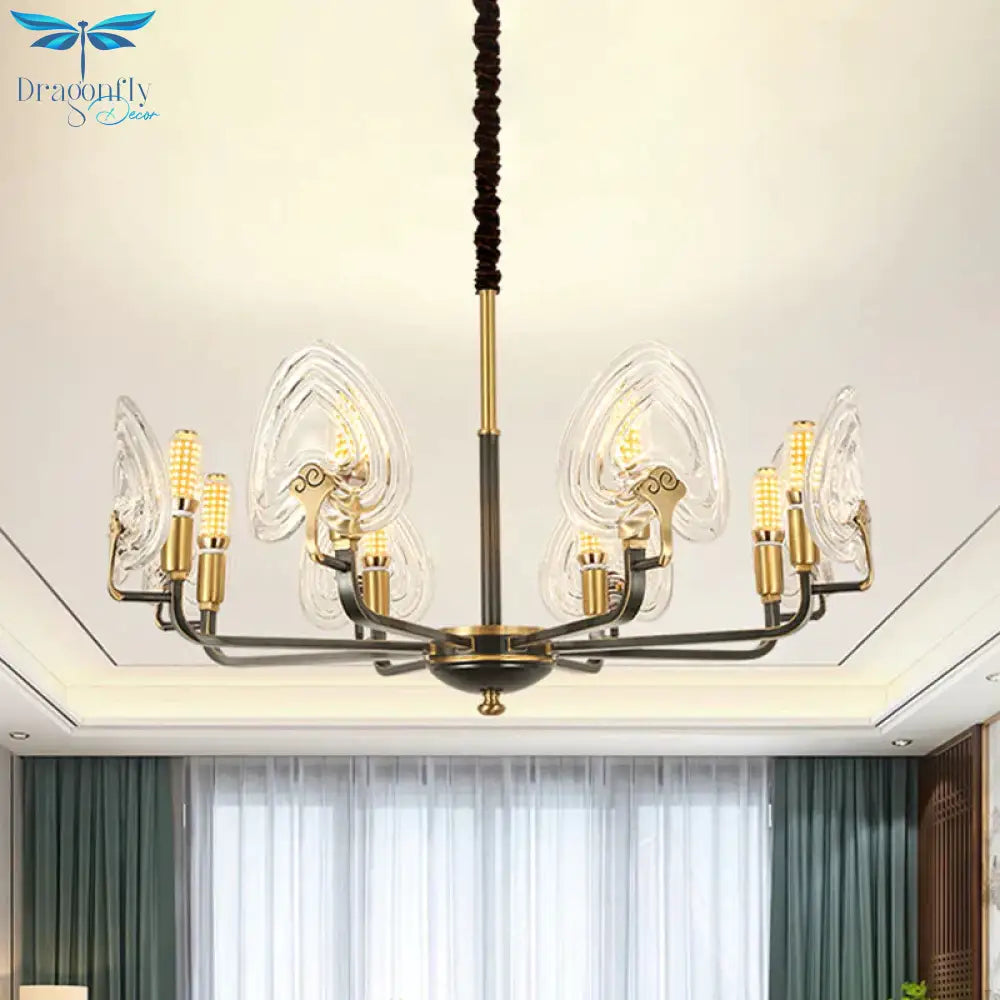 Heart - Shaped Bedroom Pendant Chandelier Colonial Clear Prismatic Glass 6/8 Bulbs Black And Gold