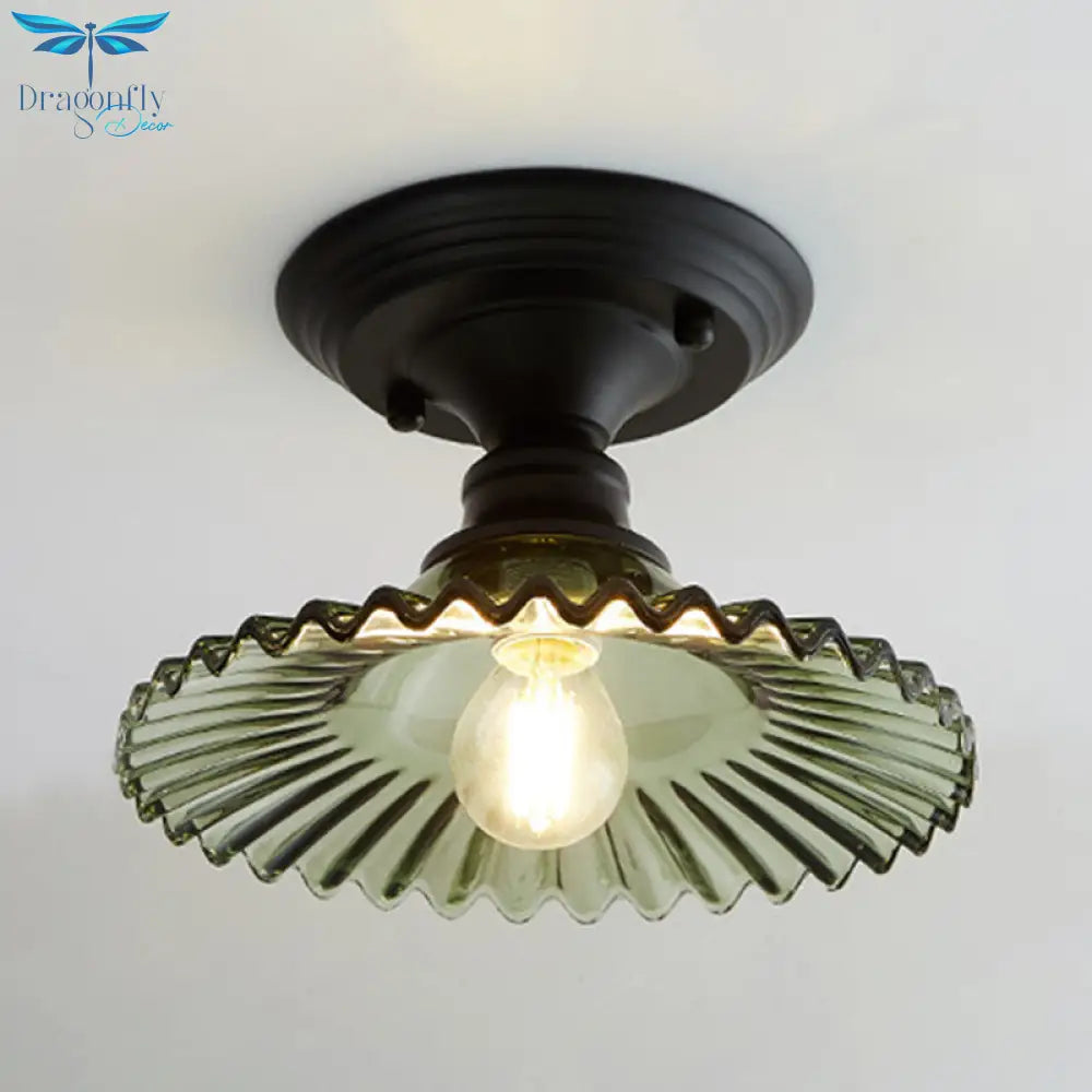 Industrial Scalloped Semi Flush Light - One Clear/Green Ribbed Glass Lighting Fixture For Indoor