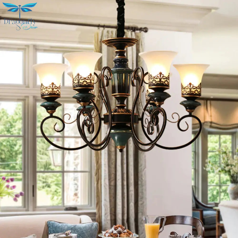 Industrial Style 3/5/6 - Bulb Chandelier With Bell Shade Opal Glass Rural Guest Room Suspension