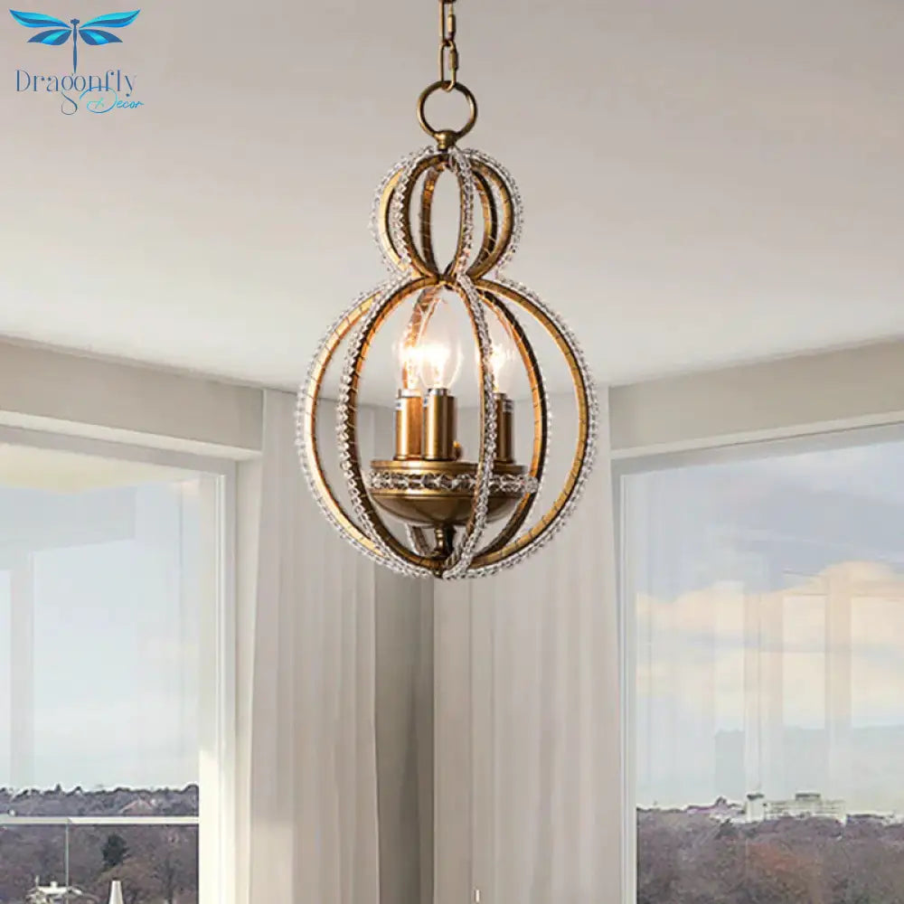 Inserted Crystal Bronze Hanging Pendant Light Globe 3 Bulbs Modernism Chandelier