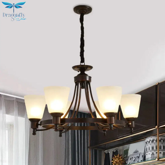 Inverted Cone Sitting Room Pendant Farmhouse Opal Glass 4/6 - Head Black Hanging Chandelier With