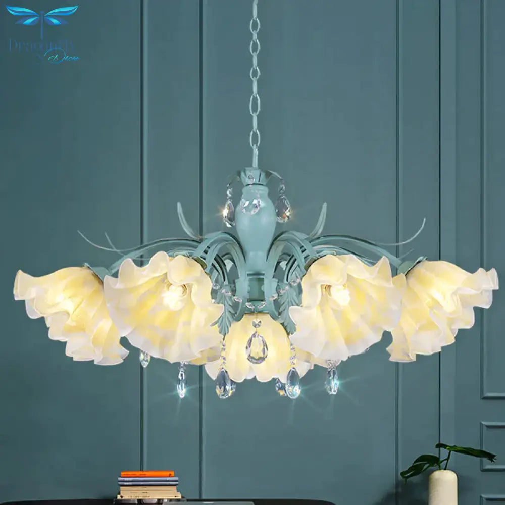 Ivory Glass Blue Pendant Lighting Scalloped 4/7/9 Heads Korean Flower Chandelier With Crystal Drop