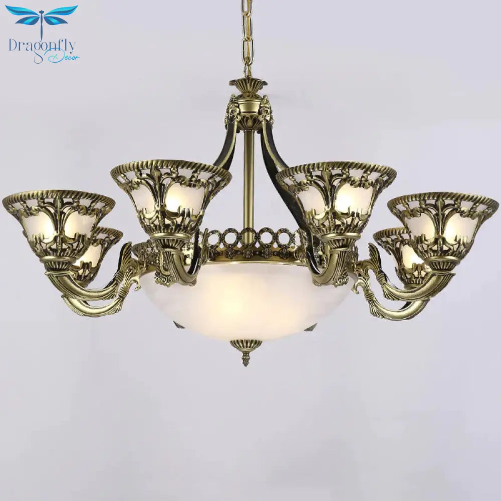 Ivory Glass Bowl/Bell Ceiling Hang Lamp Vintage 11 Lights Bedroom Chandelier Lighting