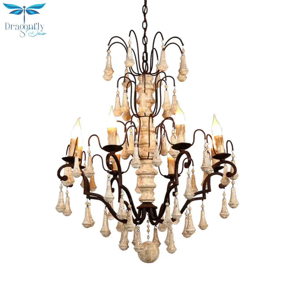 Ivory Tiered Pendant Chandelier Traditional Wooden 8 Heads Living Room Hanging Ceiling Light