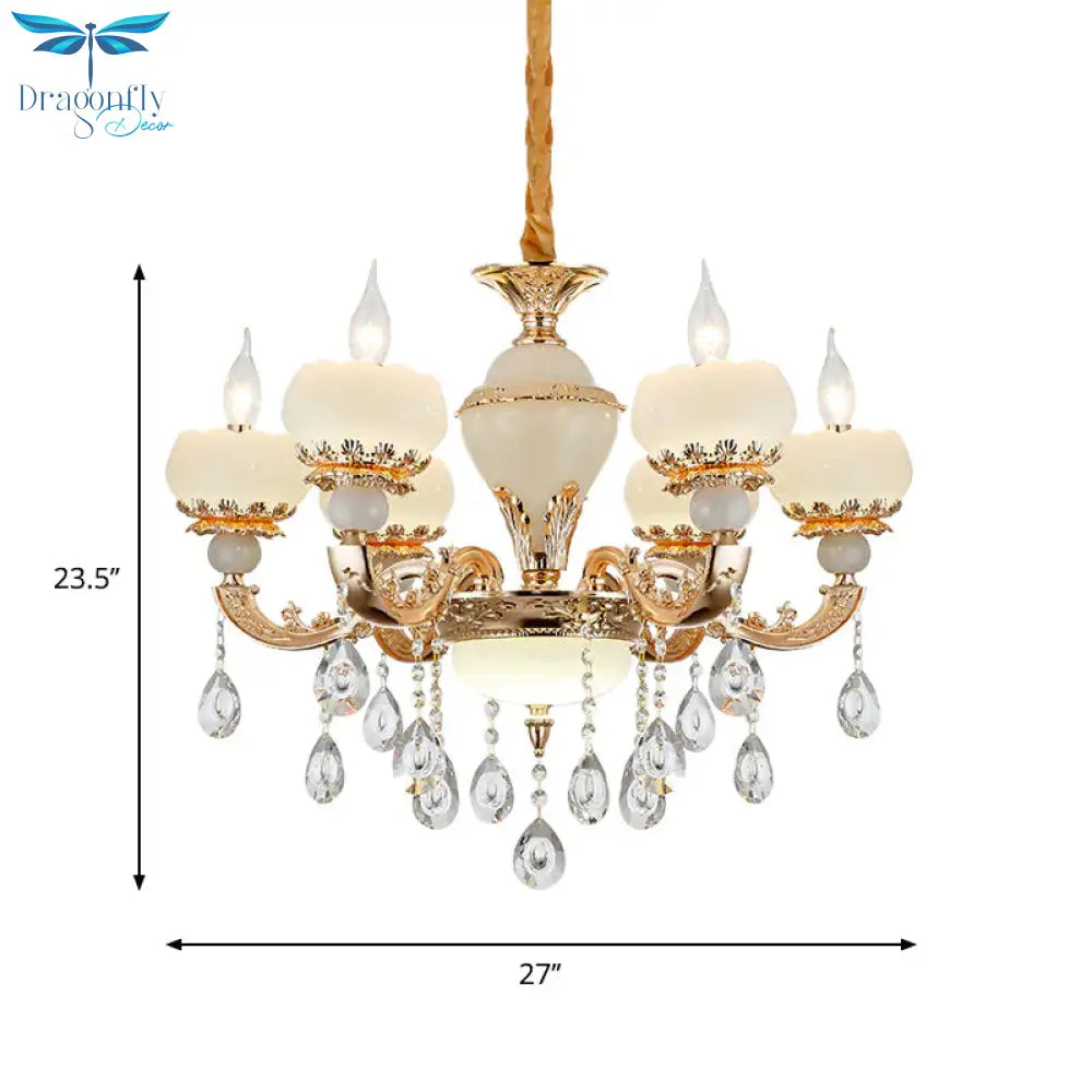 Jade Gold Chandelier Lamp Candle 6 Heads Bedroom Ceiling Light With Crystal Draping