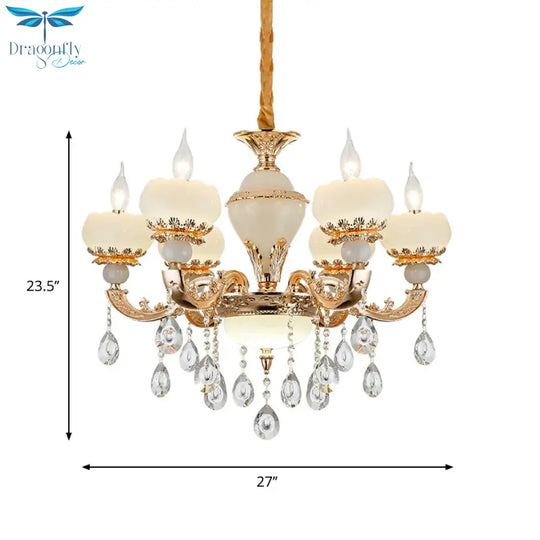 Jade Gold Chandelier Lamp Candle 6 Heads Bedroom Ceiling Light With Crystal Draping