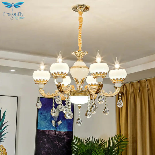 Jade Gold Chandelier Lamp Candle 6 Heads Bedroom Ceiling Light With Crystal Draping