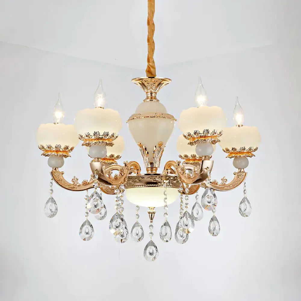 Jade Gold Chandelier Lamp Candle 6 Heads Bedroom Ceiling Light With Crystal Draping