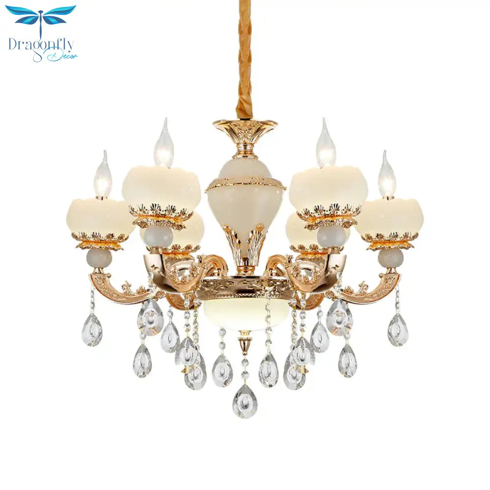 Jade Gold Chandelier Lamp Candle 6 Heads Bedroom Ceiling Light With Crystal Draping