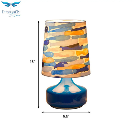 Janine - Kids Barrel Table Lamp Fabric 1 Bulb Dark Blue Reading Book Light With Fish School Pattern