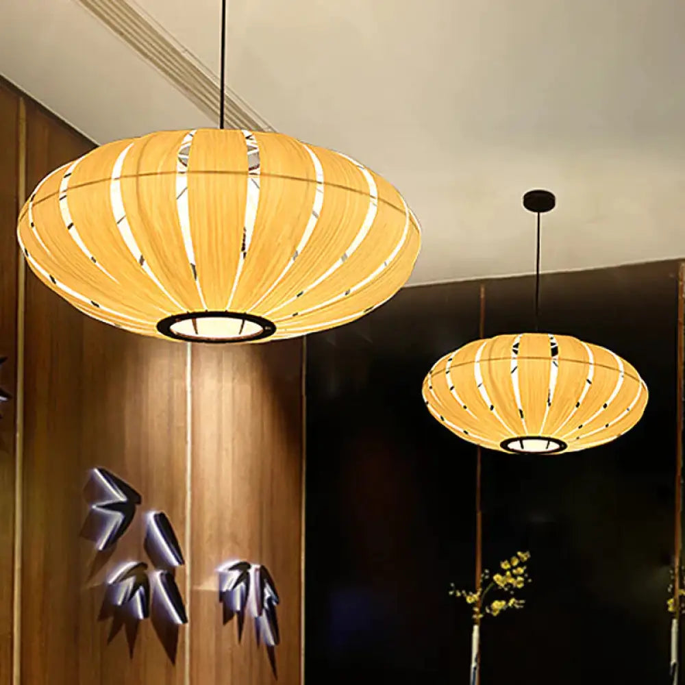 Japanese Lantern Pendant Chandelier Wood 3 Heads Suspended Lighting Fixture In Beige