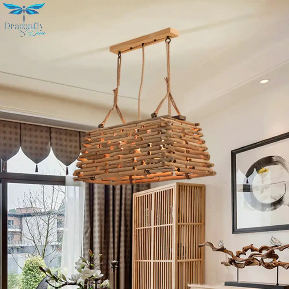 Japanese Trapezoid Pendant Chandelier Wood 3 Heads Hanging Ceiling Light In Brown For Dining Room