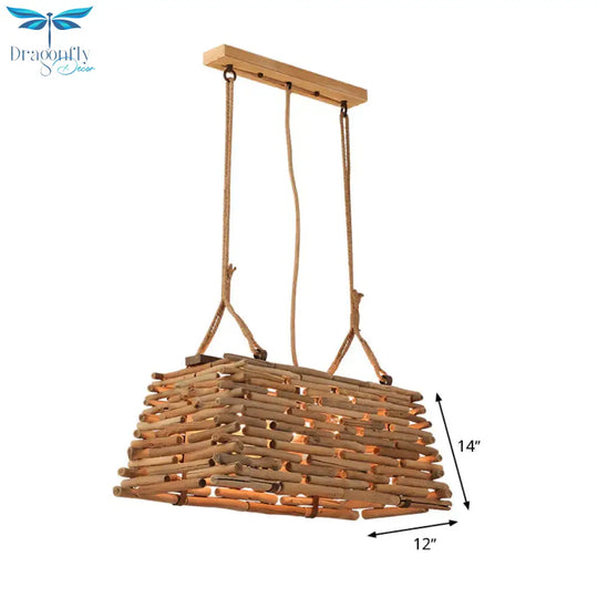 Japanese Trapezoid Pendant Chandelier Wood 3 Heads Hanging Ceiling Light In Brown For Dining Room