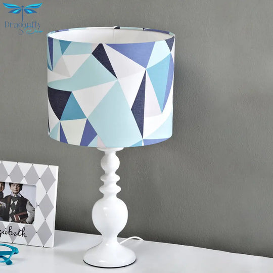 Justine - Geometric Drum Shade Night Table Light Kids Fabric 1 Head Pink/Blue Nightstand Lamp With