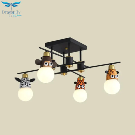 Kids Animal Metal Chandelier Lamp 4 Lights Pendant Lighting Fixture In Black For Nursery