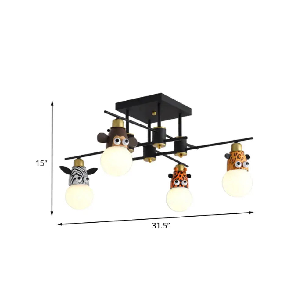 Kids Animal Metal Chandelier Lamp 4 Lights Pendant Lighting Fixture In Black For Nursery
