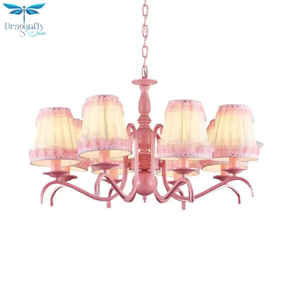 Kids Fold Tapered Shade Chandelier Metal Eight Lights Pink Pendant Light With Lace For Villa