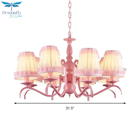 Kids Fold Tapered Shade Chandelier Metal Eight Lights Pink Pendant Light With Lace For Villa