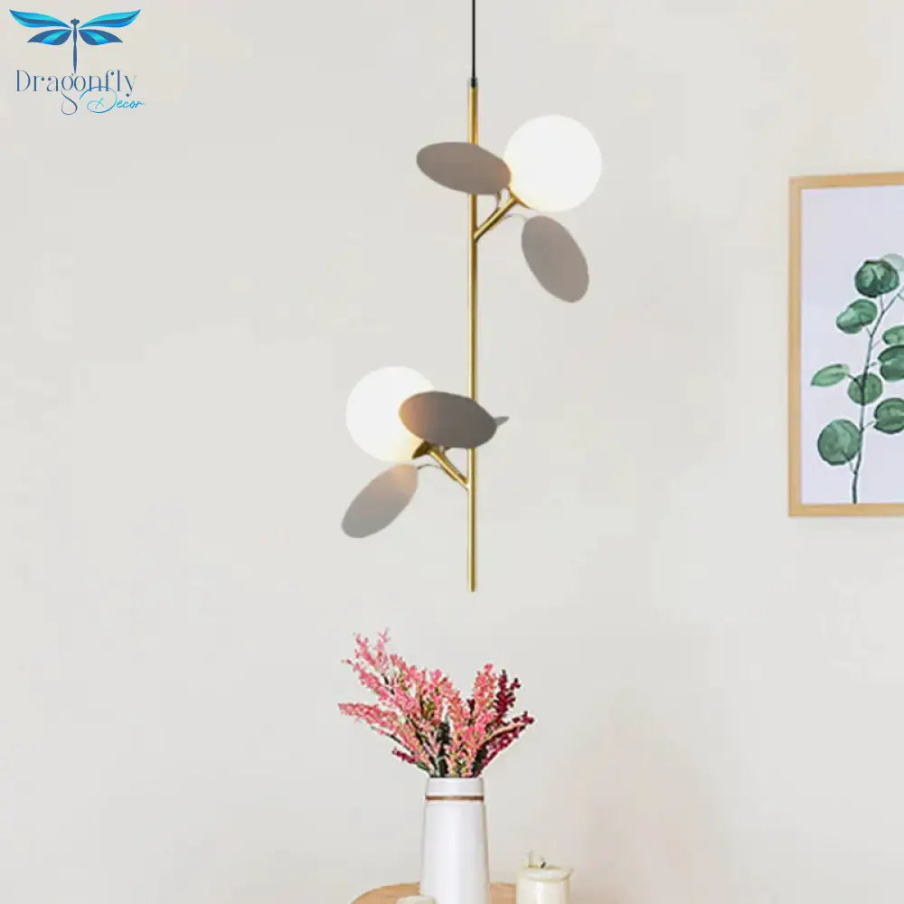 Kids Sphere Chandelier Lighting Frosted Glass 2 Heads Bedside Branch Hanging Lamp In