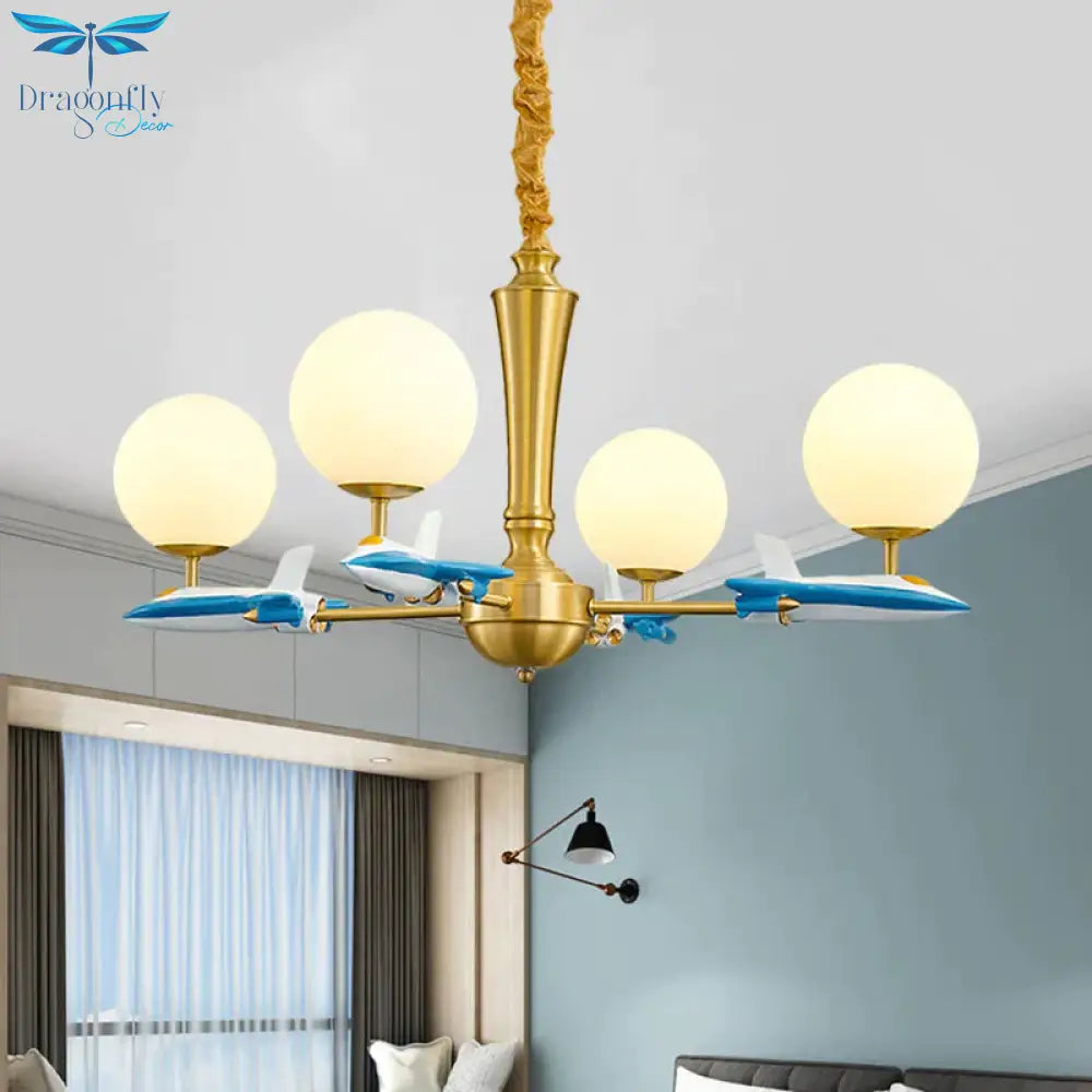 Kids Spherical Suspension Lamp Opaque Glass 4 Lights Nursery Chandelier Light With Airplane Deco In