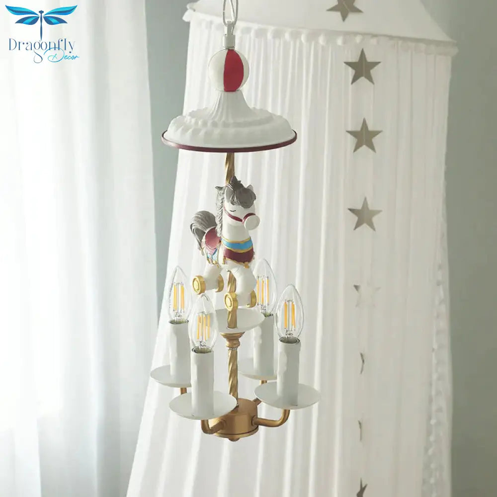 Kids Style Candle Chandelier Metal 4 - Light Bedroom Hanging Lamp With Horse Top In White