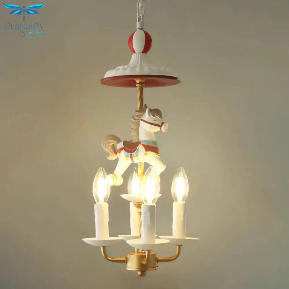 Kids Style Candle Chandelier Metal 4 - Light Bedroom Hanging Lamp With Horse Top In White