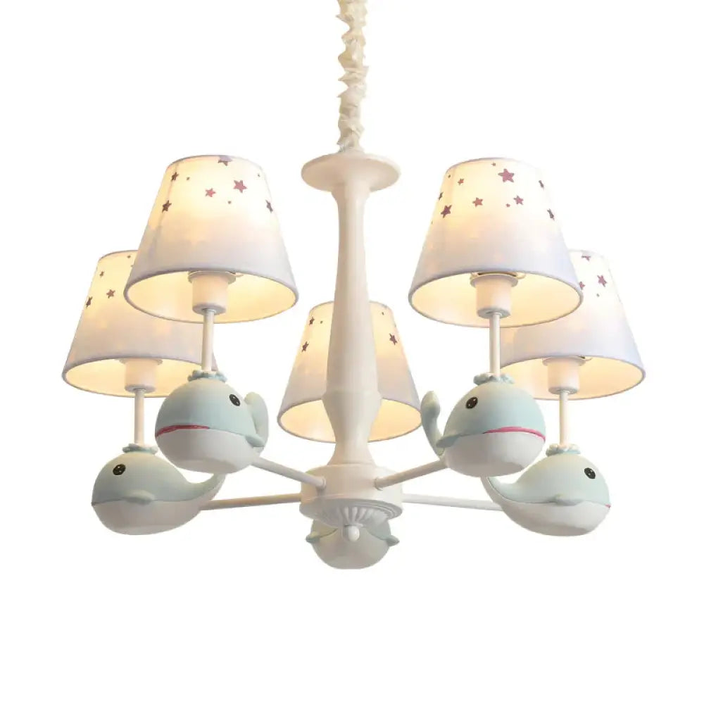 Kids Whale Resin Chandelier Lighting 5 Bulbs Pendant Ceiling Light In Blue With Conical Fabric Shade