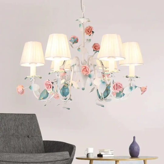 Korean Flower Candle Hanging Chandelier 3/6 - Light Fabric Pendant Lamp With Swoop Arm In White 6 /