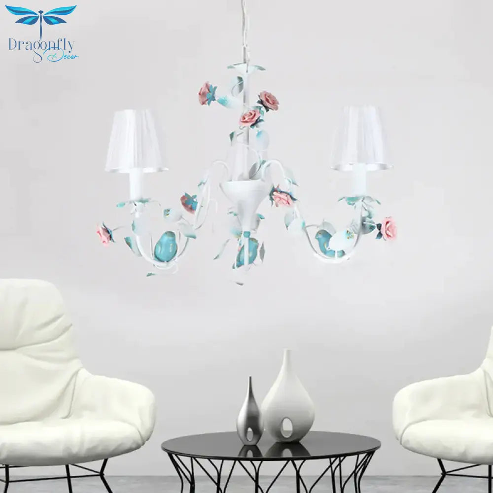 Korean Flower Candle Hanging Chandelier 3/6 - Light Fabric Pendant Lamp With Swoop Arm In White
