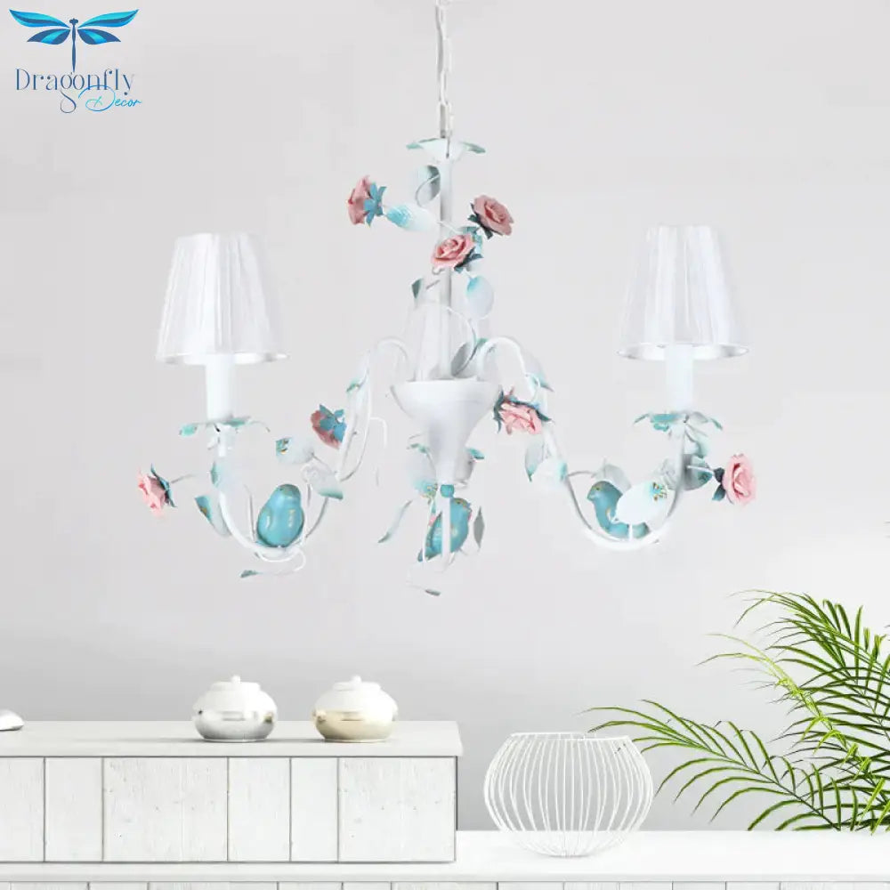 Korean Flower Candle Hanging Chandelier 3/6 - Light Fabric Pendant Lamp With Swoop Arm In White