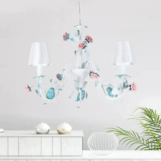 Korean Flower Candle Hanging Chandelier 3/6 - Light Fabric Pendant Lamp With Swoop Arm In White 3 /