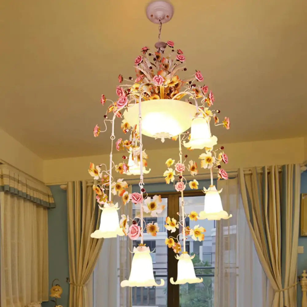 Korean Flower Draped Ceiling Pendant 10 Heads White Glass Chandelier Lighting Fixture For Living