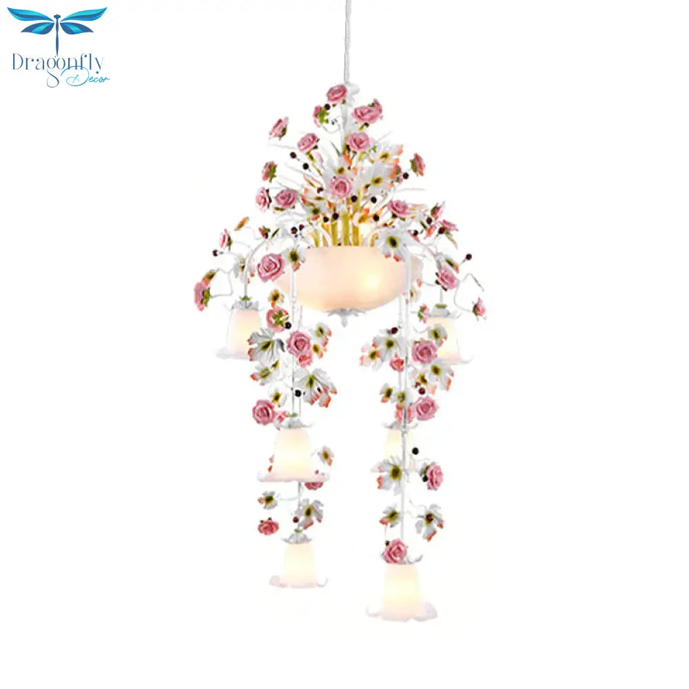 Korean Flower Draped Ceiling Pendant 10 Heads White Glass Chandelier Lighting Fixture For Living