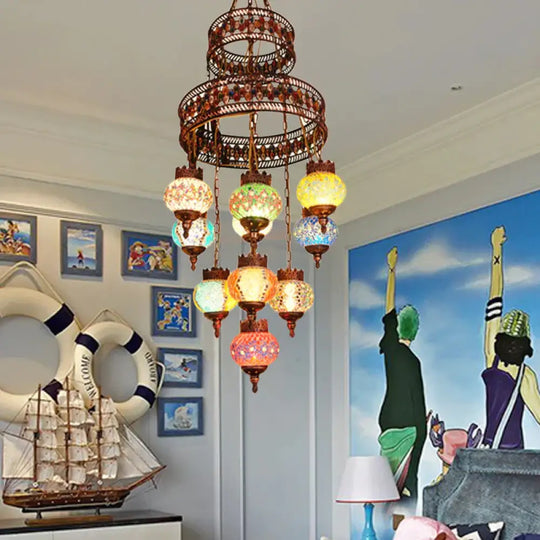 Lantern Bedroom Pendant Lighting Bohemia Stained Glass 10 Lights Purple Chandelier Light