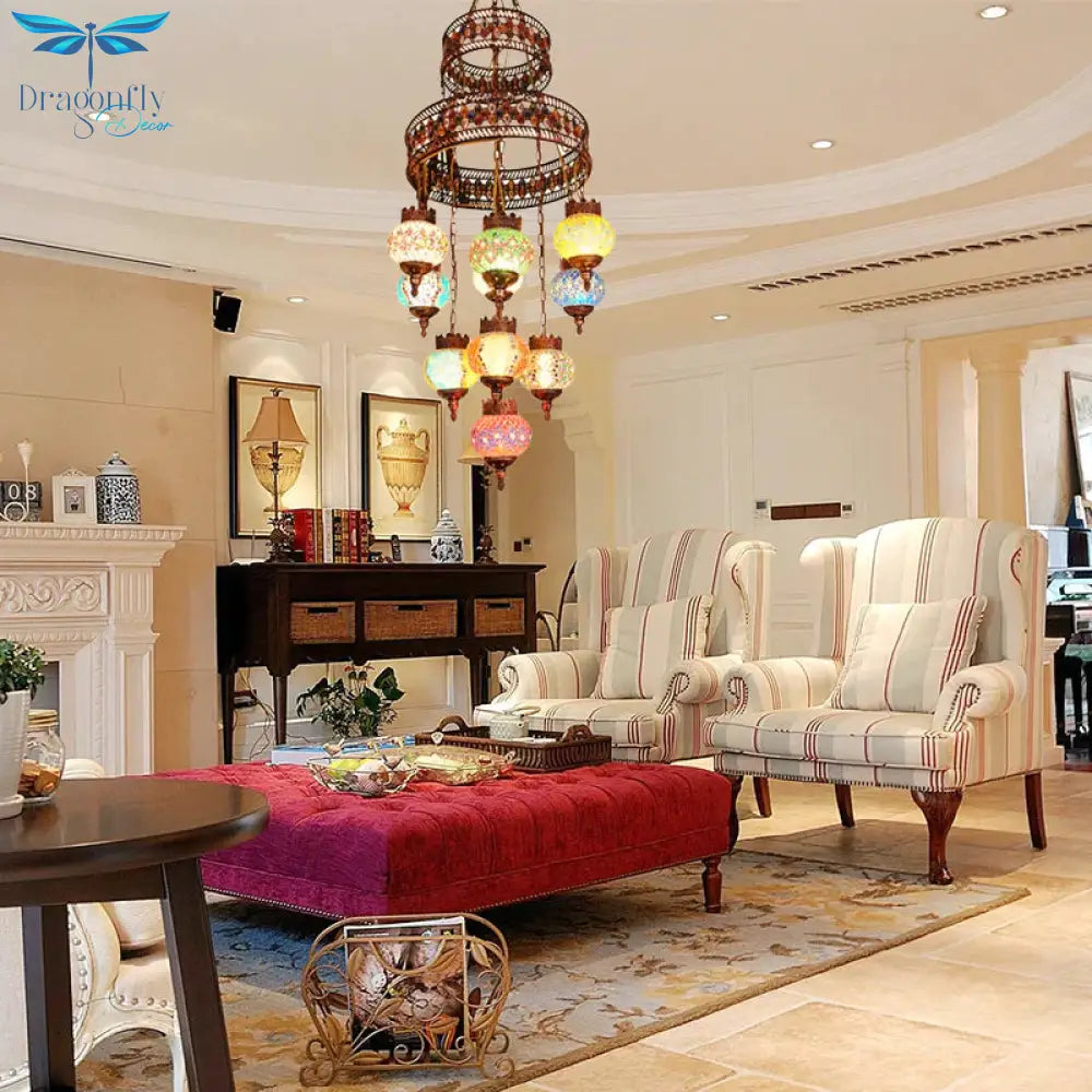 Lantern Bedroom Pendant Lighting Bohemia Stained Glass 10 Lights Purple Chandelier Light