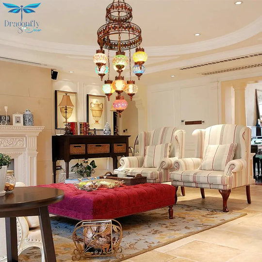 Lantern Bedroom Pendant Lighting Bohemia Stained Glass 10 Lights Purple Chandelier Light