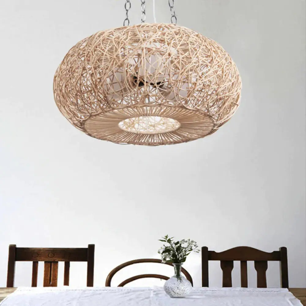 Lantern Chandelier Lighting Japanese Bamboo 3 Bulbs Beige Pendant Fixture