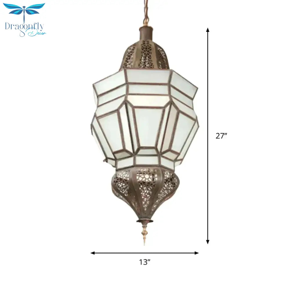 Lantern Corridor Chandelier Mediterranean Style White Frosted Glass 3 - Bulb Brass Hanging Light Kit