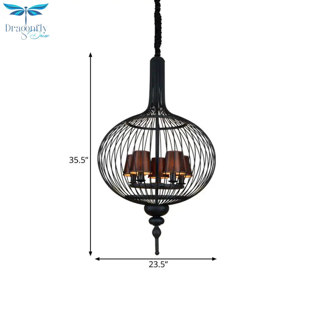 Lantern Iron Chandelier Pendant 23.5’/27.5’ W Traditional 5 Head Black Ceiling Lamp With Brown