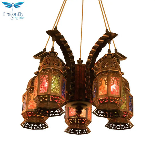 Lantern Metallic Chandelier Pendant Lamp Vintage 5 Bulbs Restaurant Hanging Light Fixture In Copper