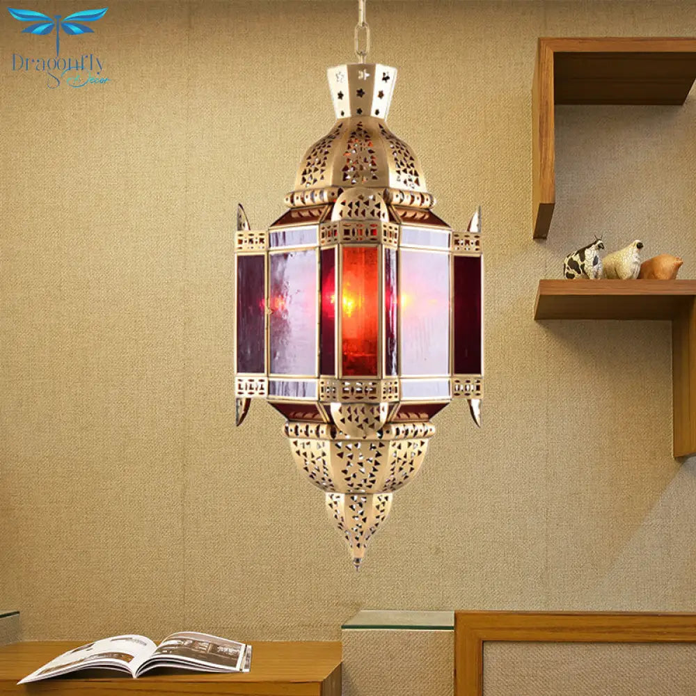 Lantern Red Glass Suspension Pendant Arab 3 Heads Living Room Chandelier In Brass With Hollow - Out